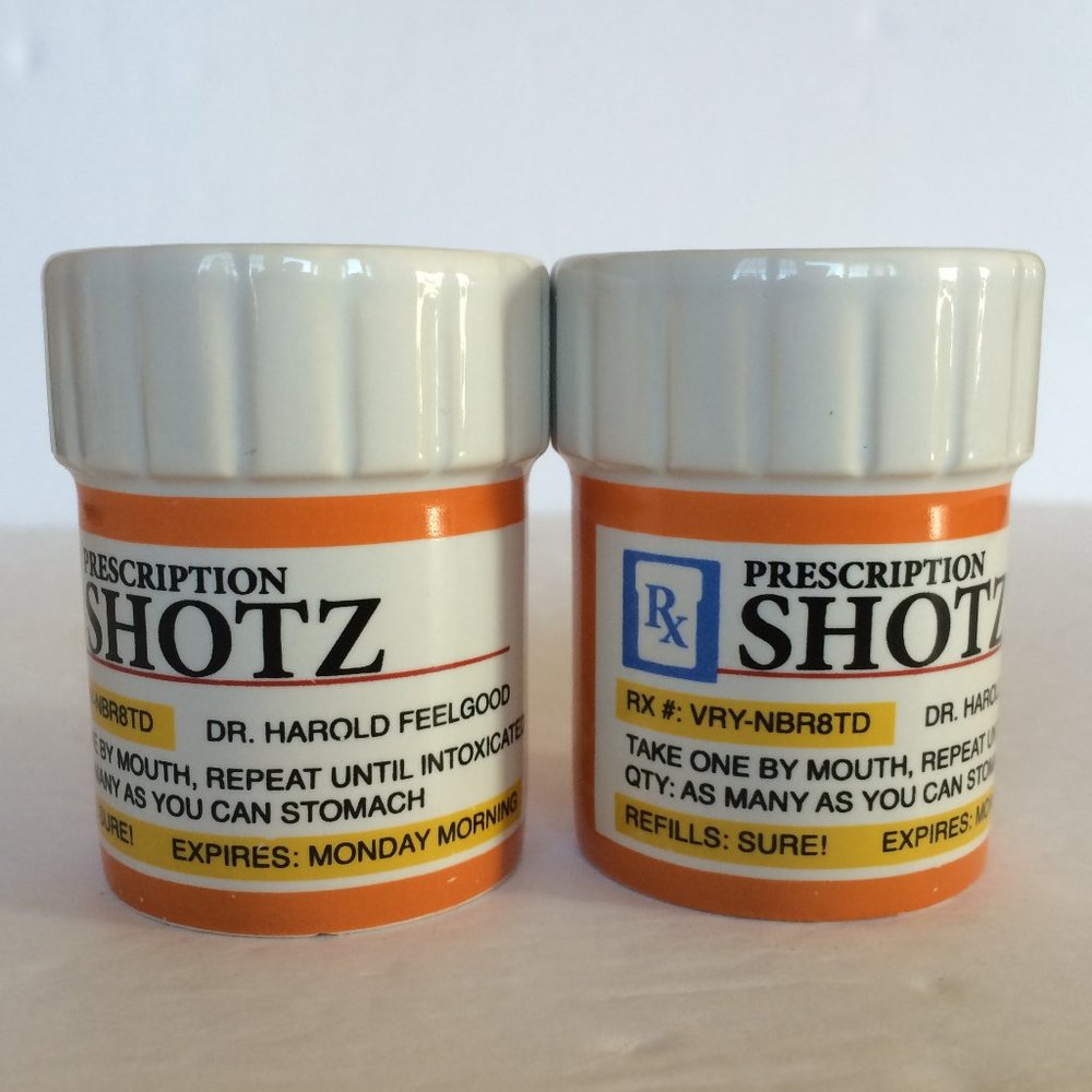 Prescription Pill Bottle Shaped Shot Glass X 2 Orange Ceramic Big Mouth Toys